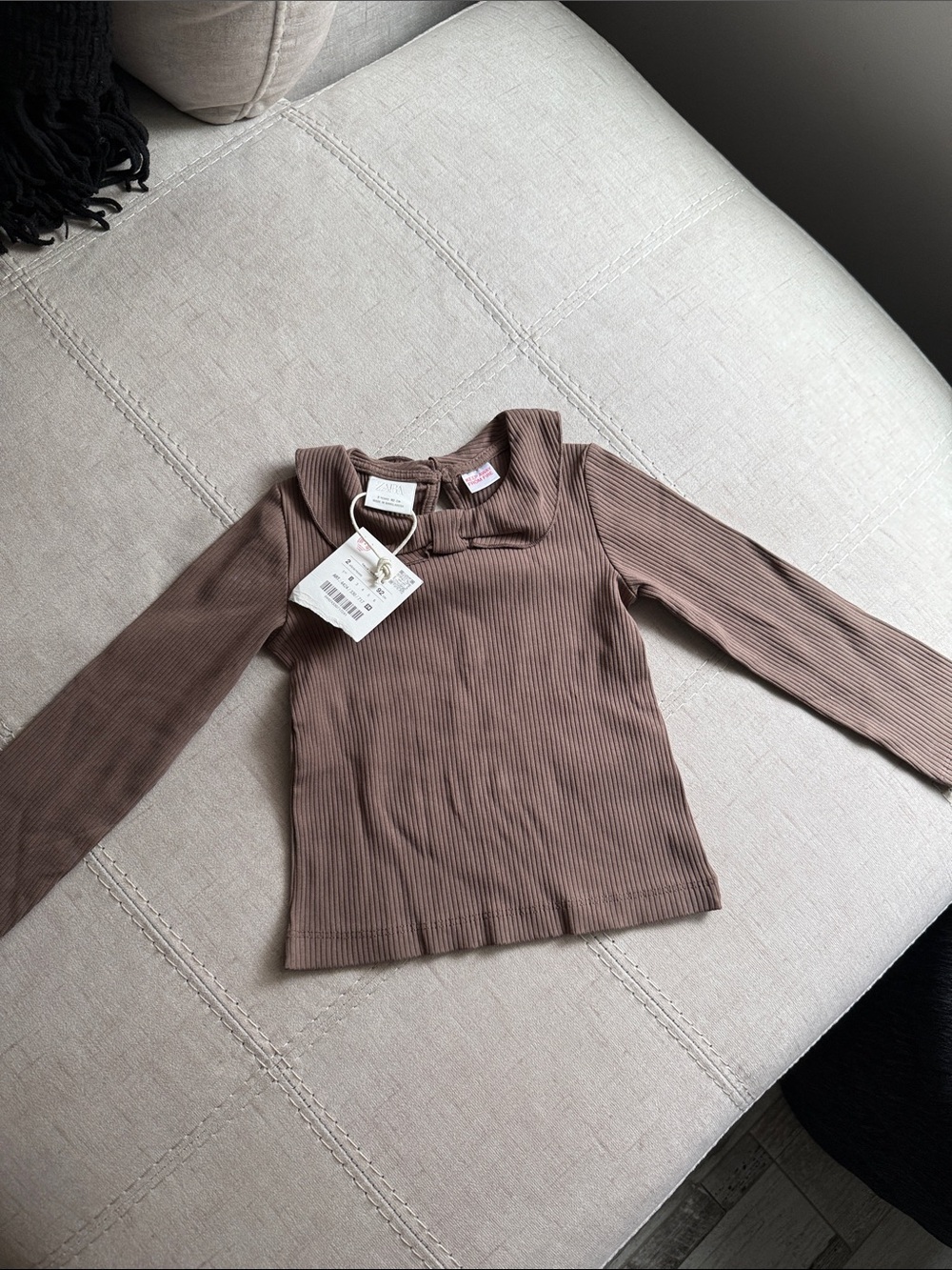 Zara Brown Ribbed Long Sleeve Top with Neck Bow - Picture 2 of 5